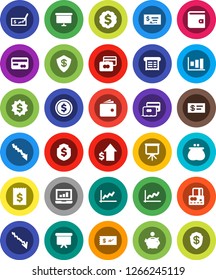 White Solid Icon Set- presentation vector, dollar coin, graph, laptop, credit card, wallet, crisis, piggy bank, growth, check, receipt, board, medal, shield