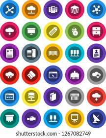 White Solid Icon Set- presentation vector, archive, personal information, binder, board, barcode, music hit, social media, network, server, cloud, shield, exchange, big data, browser, hub, upload