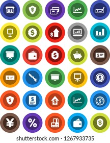 White Solid Icon Set- presentation vector, dollar coin, graph, laptop, credit card, wallet, crisis, piggy bank, growth, check, board, medal, shield, yen sign, percent, receipt