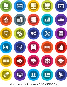 White Solid Icon Set- presentation vector, archive, personal information, graph, dollar growth, barcode, music hit, social media, network, server, folder, cloud exchange, big data, browser, hub
