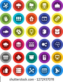 White Solid Icon Set- presentation vector, archive, dollar growth, binder, board, barcode, music hit, social media, network, server, folder, cloud exchange, big data, browser, hub, lan connector