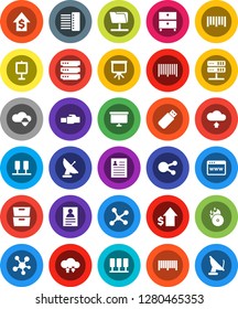 White Solid Icon Set- presentation vector, archive, personal information, dollar growth, board, barcode, music hit, social media, network, server, folder, cloud shield, exchange, big data, browser