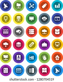 White Solid Icon Set- presentation vector, archive, personal information, graph, dollar growth, binder, board, barcode, music hit, network, folder, server, cloud, shield, exchange, big data, browser