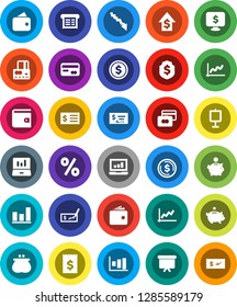 White Solid Icon Set- presentation vector, dollar coin, graph, laptop, credit card, wallet, crisis, piggy bank, growth, check, receipt, board, shield, monitor, percent