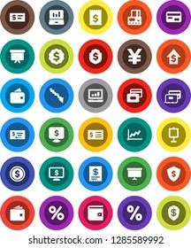 White Solid Icon Set- presentation vector, dollar coin, graph, laptop, credit card, wallet, crisis, growth, check, receipt, board, medal, shield, monitor, yen sign, percent