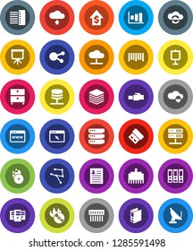 White Solid Icon Set- presentation vector, archive, personal information, graph, dollar growth, binder, barcode, music hit, social media, network, server, cloud, shield, exchange, big data, browser