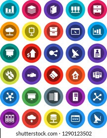 White Solid Icon Set- presentation vector, archive, personal information, graph, dollar growth, binder, board, music hit, social media, network, server, cloud, big data, browser, hub, lan connector