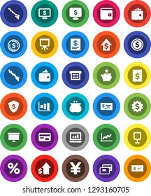 White Solid Icon Set- presentation vector, dollar coin, graph, laptop, wallet, crisis, piggy bank, growth, check, receipt, board, medal, shield, monitor, yen sign, credit card, percent