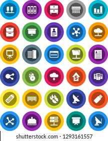 White Solid Icon Set- presentation vector, archive, personal information, graph, dollar growth, binder, board, barcode, music hit, social media, network, server, folder, cloud, browser, hub, usb