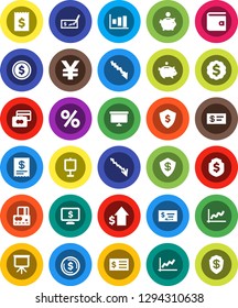 White Solid Icon Set- presentation vector, dollar coin, graph, credit card, wallet, crisis, piggy bank, growth, check, receipt, board, medal, shield, monitor, yen sign, percent
