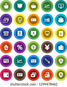 White Solid Icon Set- presentation vector, graph, credit card, wallet, crisis, piggy bank, dollar growth, check, receipt, board, medal, monitor, yen sign, percent, shield