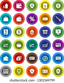 White Solid Icon Set- presentation vector, dollar coin, graph, laptop, credit card, wallet, crisis, piggy bank, growth, check, receipt, medal, shield, monitor, percent