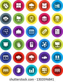 White Solid Icon Set- presentation vector, archive, personal information, graph, binder, board, barcode, music hit, social media, network, server, folder, cloud, exchange, big data, browser, upload