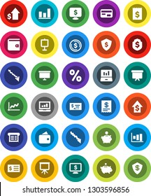 White Solid Icon Set- presentation vector, dollar coin, graph, laptop, wallet, crisis, piggy bank, growth, check, receipt, board, shield, monitor, credit card, percent