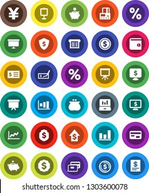 White Solid Icon Set- presentation vector, dollar coin, graph, laptop, credit card, wallet, piggy bank, growth, check, receipt, board, medal, shield, monitor, yen sign, percent