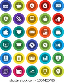 White Solid Icon Set- presentation vector, dollar coin, graph, credit card, wallet, piggy bank, growth, check, receipt, board, medal, shield, monitor, percent