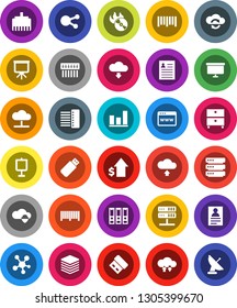 White Solid Icon Set- presentation vector, archive, personal information, graph, dollar growth, binder, board, barcode, music hit, social media, network server, cloud, shield, exchange, big data