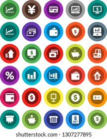 White Solid Icon Set- presentation vector, graph, laptop, credit card, wallet, piggy bank, dollar growth, board, medal, shield, monitor, yen sign, percent, receipt, check