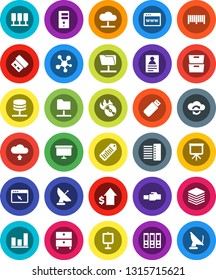 White Solid Icon Set- presentation vector, archive, personal information, graph, dollar growth, binder, board, barcode, music hit, social media, server, network folder, cloud, exchange, big data