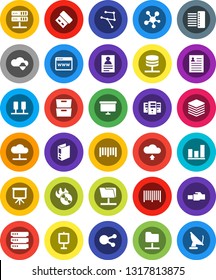 White Solid Icon Set- presentation vector, archive, personal information, graph, binder, board, barcode, music hit, social media, network, server, folder, cloud, shield, big data, browser, hub, usb