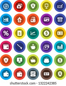 White Solid Icon Set- presentation vector, dollar coin, graph, laptop, credit card, wallet, crisis, piggy bank, growth, check, receipt, medal, shield, monitor, percent