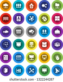 White Solid Icon Set- presentation vector, archive, personal information, graph, dollar growth, binder, board, music hit, social media, network, server, folder, cloud, shield, browser, hub, barcode