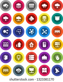 White Solid Icon Set- presentation vector, archive, dollar growth, binder, board, barcode, music hit, social media, network, folder, server, cloud, shield, exchange, big data, hub, lan connector
