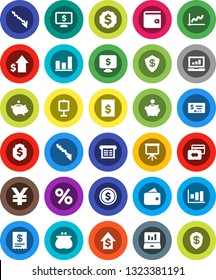 White Solid Icon Set- presentation vector, dollar coin, graph, laptop, credit card, wallet, crisis, piggy bank, growth, check, receipt, medal, shield, monitor, yen sign, percent