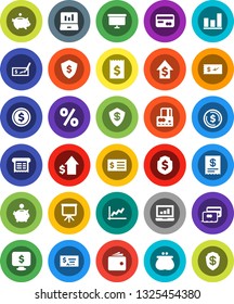 White Solid Icon Set- presentation vector, dollar coin, graph, laptop, credit card, wallet, piggy bank, growth, check, receipt, board, shield, monitor, percent