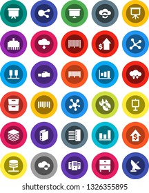 White Solid Icon Set- presentation vector, archive, graph, dollar growth, binder, board, barcode, music hit, social media, network, server, cloud shield, exchange, big data, hub, lan connector