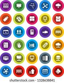 White Solid Icon Set- presentation vector, archive, personal information, graph, dollar growth, binder, board, barcode, music hit, social media, network, server, folder, cloud, browser, hub, usb