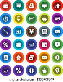 White Solid Icon Set- presentation vector, dollar coin, graph, laptop, credit card, wallet, crisis, piggy bank, growth, check, board, medal, monitor, yen sign, percent, receipt, shield
