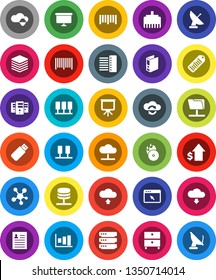 White Solid Icon Set- presentation vector, archive, personal information, graph, dollar growth, binder, board, barcode, music hit, social media, server, network folder, cloud, shield, exchange, hub