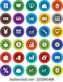White Solid Icon Set- presentation vector, dollar coin, graph, laptop, credit card, wallet, crisis, piggy bank, growth, check, receipt, board, medal, monitor, yen sign, percent, shield