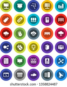 White Solid Icon Set- presentation vector, personal information, graph, binder, board, barcode, music hit, social media, network, server, folder, cloud exchange, browser, hub, lan connector, usb