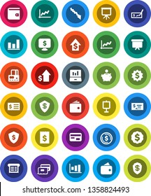 White Solid Icon Set- presentation vector, dollar coin, graph, laptop, credit card, wallet, crisis, piggy bank, growth, check, receipt, board, medal, shield, monitor