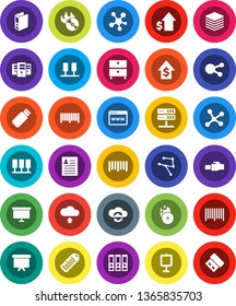 White Solid Icon Set- presentation vector, archive, personal information, dollar growth, binder, board, barcode, music hit, social media, network, server, cloud exchange, big data, browser, upload