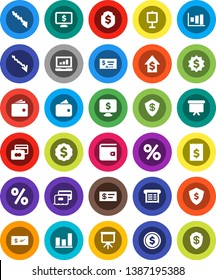 White Solid Icon Set- presentation vector, dollar coin, graph, laptop, credit card, wallet, crisis, growth, check, receipt, board, medal, shield, monitor, percent
