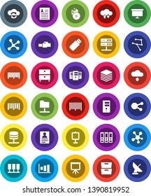 White Solid Icon Set- presentation vector, archive, personal information, graph, binder, board, barcode, music hit, social media, network, server, folder, cloud exchange, big data, lan connector