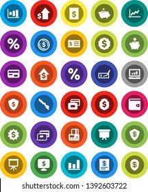 White Solid Icon Set- presentation vector, dollar coin, graph, laptop, credit card, wallet, crisis, piggy bank, growth, check, receipt, board, medal, shield, monitor, percent