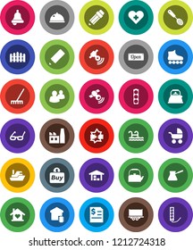 White Solid Icon Set- rake vector, kettle, skimmer, turk coffee, dish, pencil, glasses, bell, annual report, roller Skates, traffic light, ship, truck trailer, satellitie, group, heart cross, pool