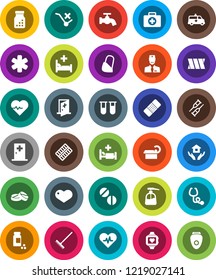 White Solid Icon Set- rake vector, water tap, liquid soap, house hold, heart pulse, pills vial, monitor, first aid kit, no trolley, ambulance star, crutches, patch, stethoscope, bottle, blister