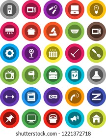 White Solid Icon Set- rake vector, steaming, pan, colander, skimmer, mixer, microwave oven, backpack, microscope, barbell, measuring, hand trainer, loudspeaker, notebook pc, thumbtack, gear, heating
