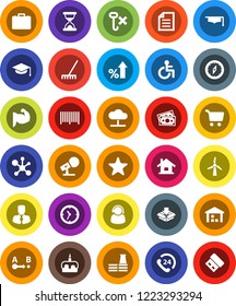 White Solid Icon Set- rake vector, cake, graduate hat, compass, document, molecule, cart, percent growth, manager, case, muscule hand, money, phone 24, clock, no hook, warehouse, route, microphone