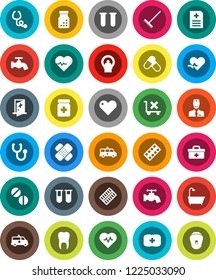 White Solid Icon Set- rake vector, water tap, heart pulse, pills, first aid kit, no trolley, doctor bag, vial, patch, stethoscope, bottle, blister, anamnesis, amkbulance car, tomography, tooth, bath