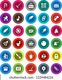 White Solid Icon Set- rake vector, welcome mat, toilet, apron, skimmer, turk coffee, pen, student, bell, music, fitball, shuttlecock, pool, no fastfood, dry cargo, link, broken bone, sperm, fence