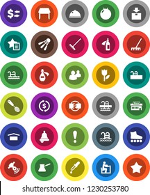 White Solid Icon Set- rake vector, skimmer, turk coffee, dish, student, bell, exchange, fitball, roller Skates, shuttlecock, pool, attention, dry cargo, tulip, package, satellitie, group, dropper