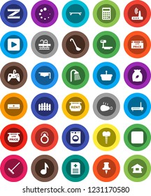 White Solid Icon Set- rake vector, shower, ladle, cereal, chicken leg, graduate hat, music, calculator, measuring, skateboard, pool, big scales, thumbtack, play button, forward, anamnesis, router