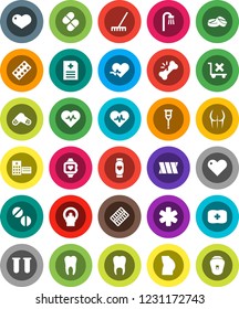 White Solid Icon Set- rake vector, heart pulse, buttocks, monitor, first aid kit, no trolley, ambulance star, vial, crutches, broken bone, pills, blister, anamnesis, hospital building, tomography