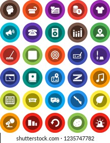 White Solid Icon Set- rake vector, toilet brush, potato, schedule, music, leaf, crisis, coin stack, check, target, measuring, t shirt, heart monitor, navigator, map pin, sorting, microphone, speaker